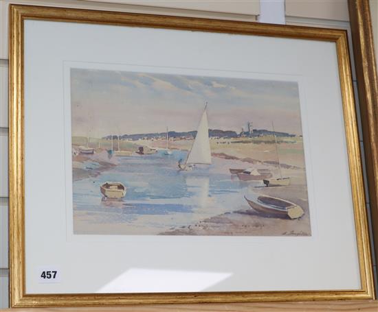 Albert Houghton (Wapping Group) watercolour, Estuary scene, signed, 24 x 36cm